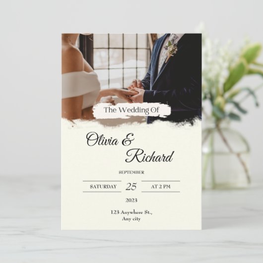 White Cream Photo Wedding Invitation Kaart (Staand voorkant)