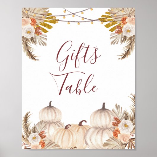 White Cream Pumpkin Floral Gifts Table Sign Poster (Voorkant)