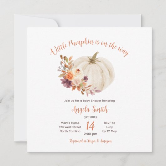 White Cream Pumpkin Rustic Floral Baby shower Kaart (Voorkant)