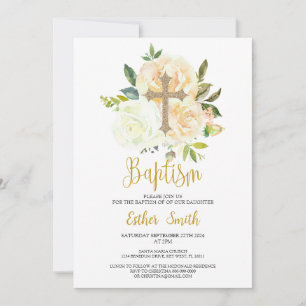 White Cream rozen Doopuitnodiging Kaart