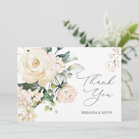 White Cream Rozen Hydrangea bruiloft Dank u Bedankkaart (Staand voorkant)
