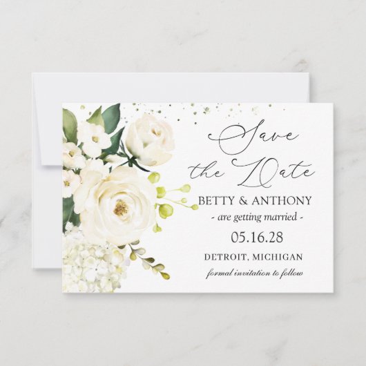 White Cream Rozen Hydrangea Wedding Save the Date (Voorkant)