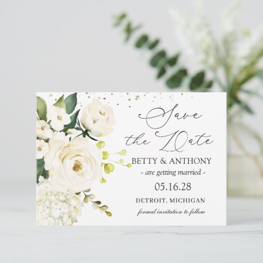 White Cream Rozen Hydrangea Wedding Save the Date (Staand voorkant)