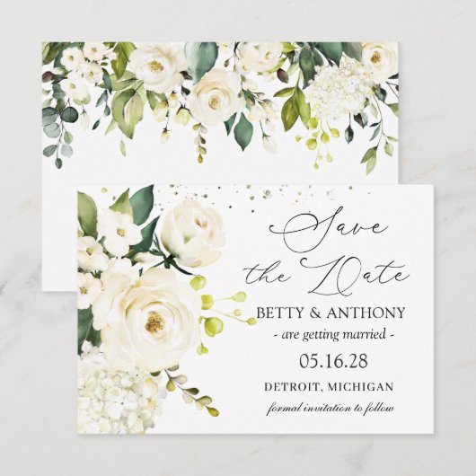 White Cream Rozen Hydrangea Wedding Save the Date (Voorkant / Achterkant)