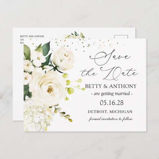 White Cream Rozen Hydrangea Wedding Save the Date Aankondigingskaart (Voorkant / Achterkant)