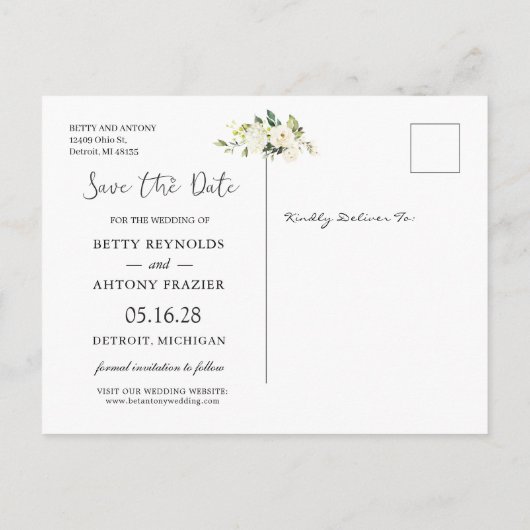 White Cream Rozen Hydrangea Wedding Save the Date Aankondigingskaart (Achterkant)