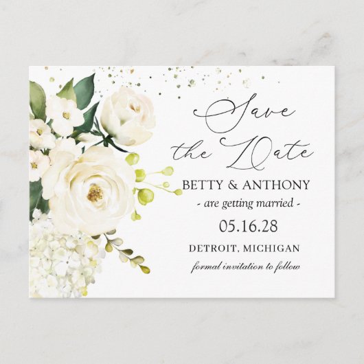 White Cream Rozen Hydrangea Wedding Save the Date Aankondigingskaart (Voorkant)