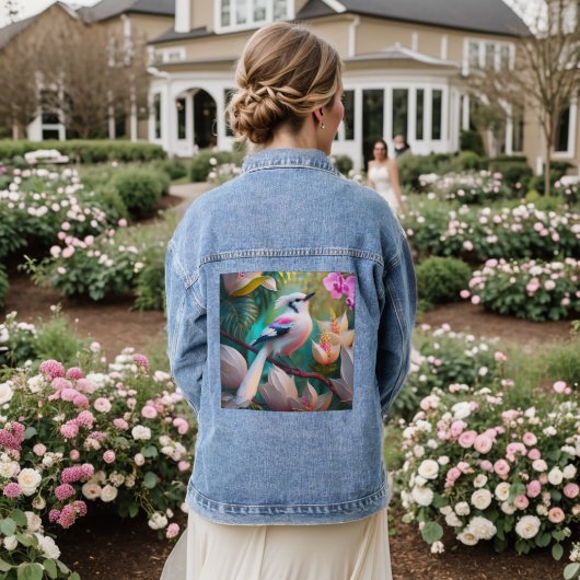 White Crested Blush Chested Fantasy Bird Denim Jacket (Huwelijk Achterkant)