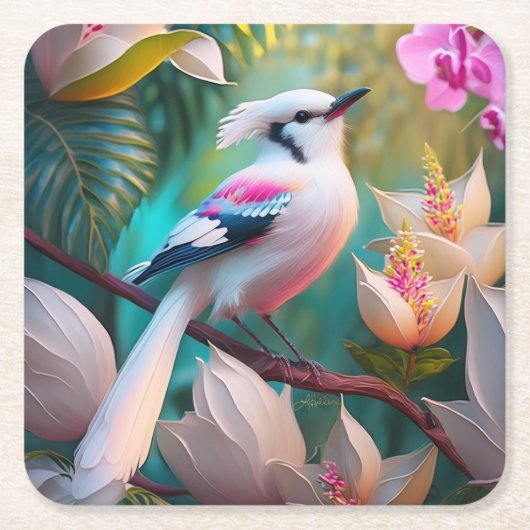White Crested Blush Chested Fantasy Bird Kartonnen Onderzetters (Voorkant)