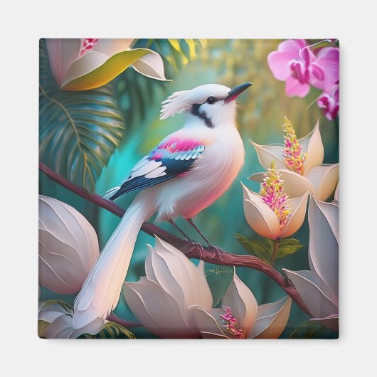 White Crested Blush Chested Fantasy Bird Magneet (Voorkant)