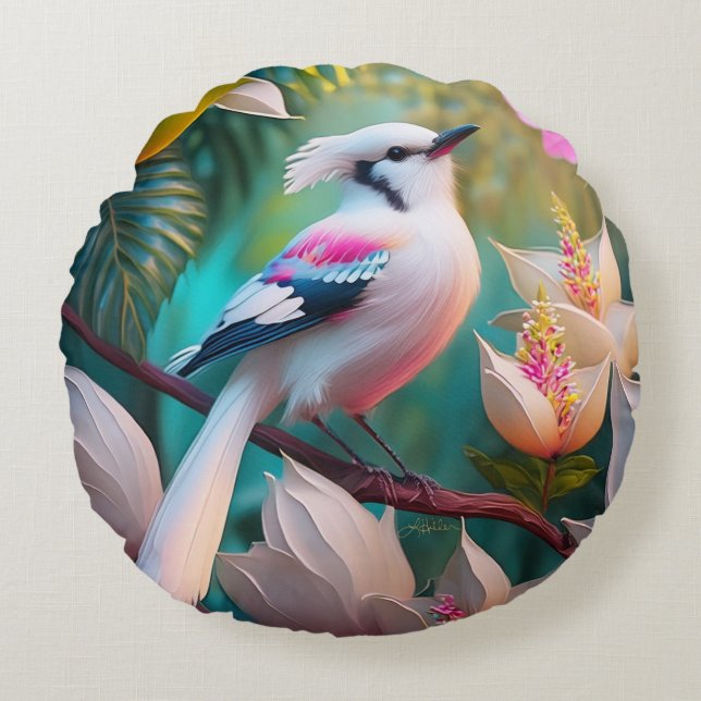 White Crested Blush Chested Fantasy Bird Rond Kussen (Voorkant)