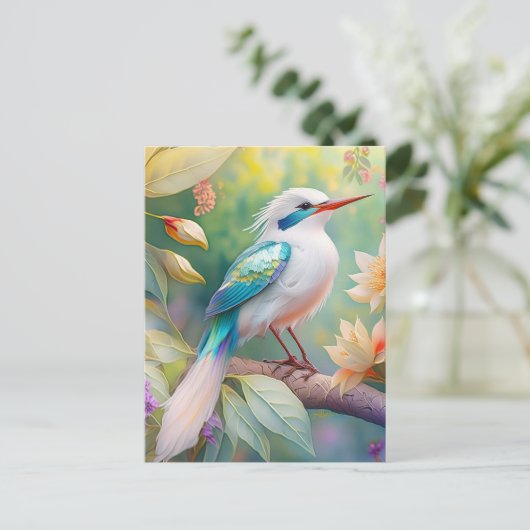 White Crested Iridescent Blauwgroen Wing Fantasy B Briefkaart (Staand voorkant)