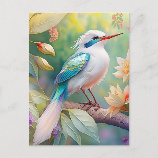 White Crested Iridescent Blauwgroen Wing Fantasy B Briefkaart (Voorkant)