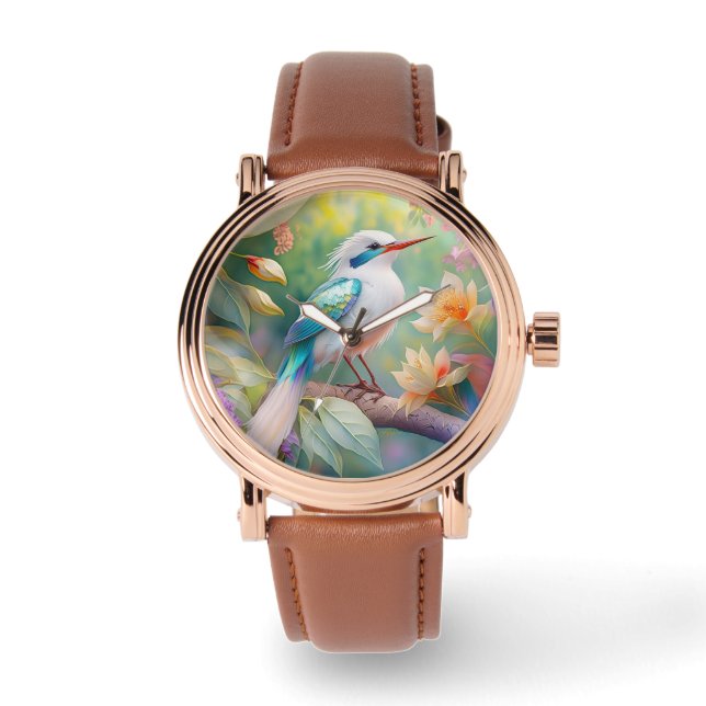 White Crested Iridescent Blauwgroen Wing Fantasy B Horloge (Voorkant)