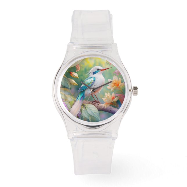 White Crested Iridescent Blauwgroen Wing Fantasy B Horloge (Voorkant)