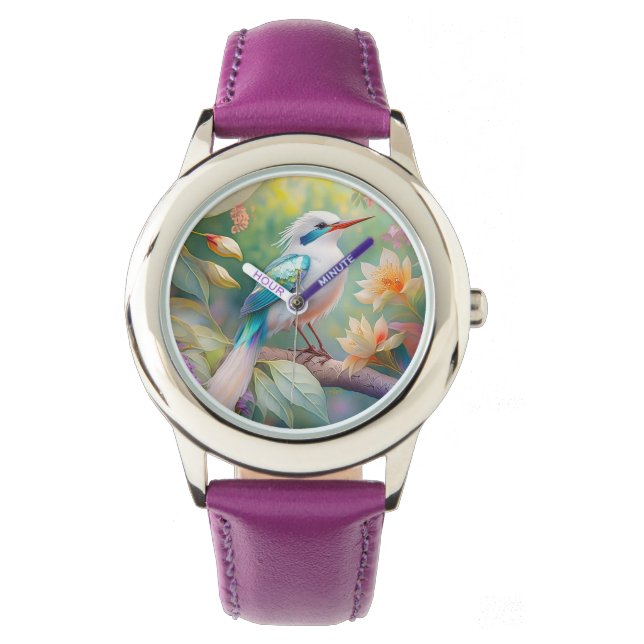 White Crested Iridescent Blauwgroen Wing Fantasy B Horloge (Voorkant)
