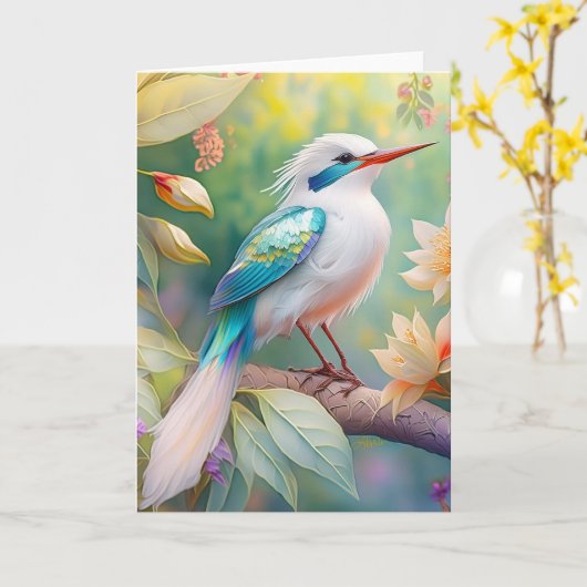 White Crested Iridescent Blauwgroen Wing Fantasy B Kaart (Gele Bloem)