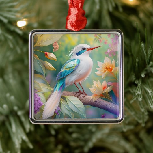 White Crested Iridescent Blauwgroen Wing Fantasy B Metalen Ornament (Boom)