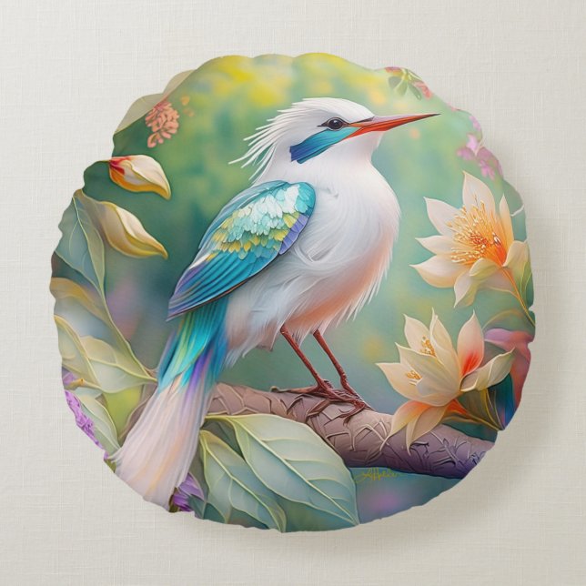 White Crested Iridescent Blauwgroen Wing Fantasy B Rond Kussen (Voorkant)