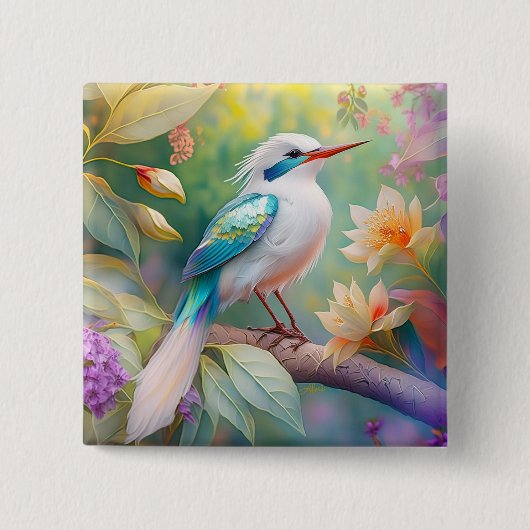 White Crested Iridescent Blauwgroen Wing Fantasy B Vierkante Button 5,1 Cm (Voorkant)