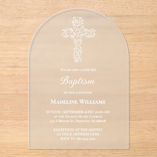 white cross Baptism Acrylic Invitation Acryl Uitnodigingen (Voorkant)