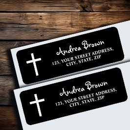 White Cross Funeral Black Return Address Etiket