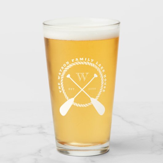 White Crossed Paddles Lake House Voeg familienaam  Glas (Voorkant gevuld)