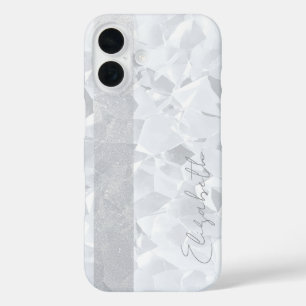 White Crystal Glitter Stripe Aangepaste Naam iPhone 16 Hoesje