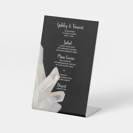 White Crystals on Black Wedding Menu Reclamebord Met Voetstuk (Voorkant)