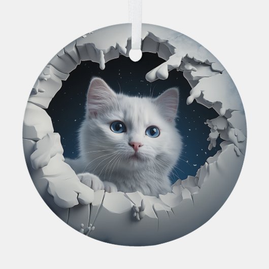 White Curious Kat Glas Ornament (Achterkant)