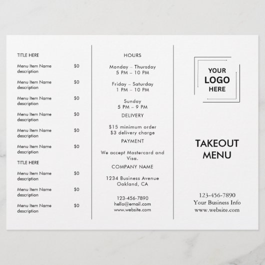 White Custom Business Logo Restaurant Afhaalmenu (Voorkant)