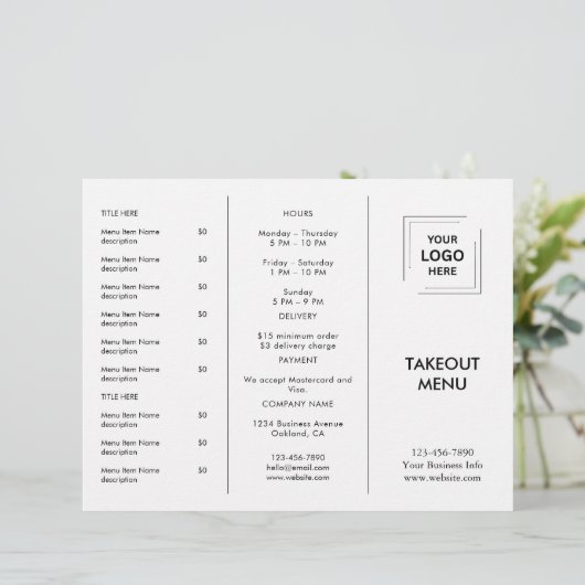 White Custom Business Logo Restaurant Afhaalmenu (Staand voorkant)