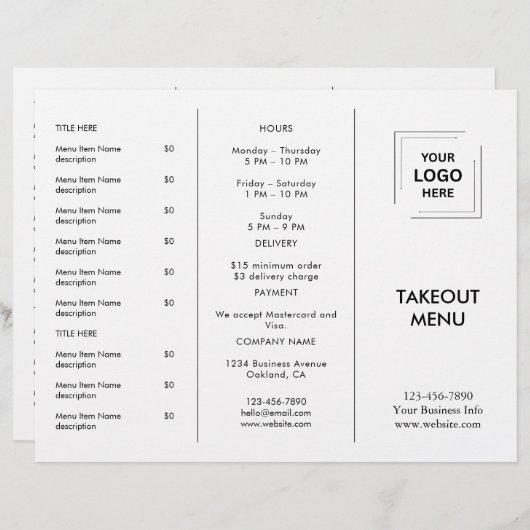 White Custom Business Logo Restaurant Afhaalmenu (Voorkant / Achterkant)
