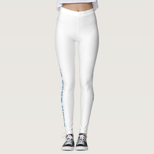 White Custom School Spirit Sky Blue Text Leggings (Voorkant)
