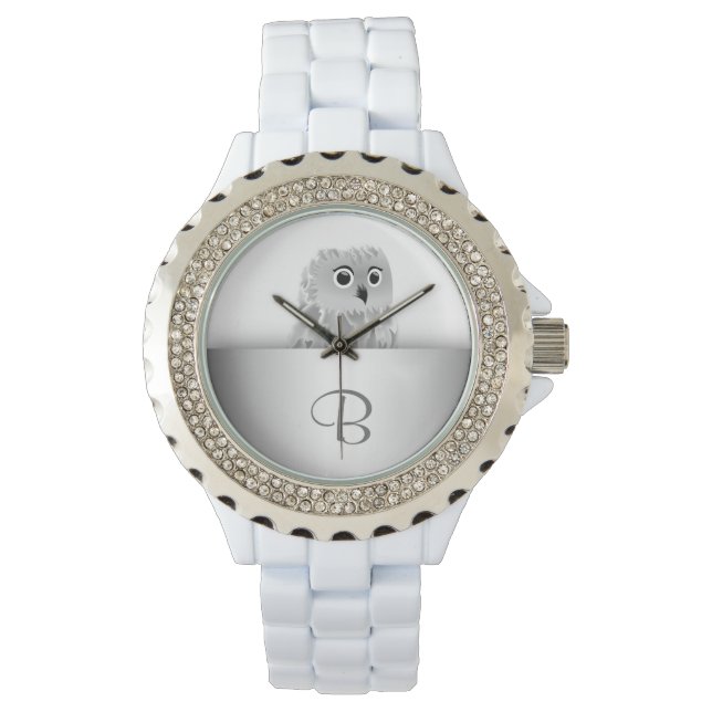 White Cute Owl Animal Silver Monogram Horloge (Voorkant)