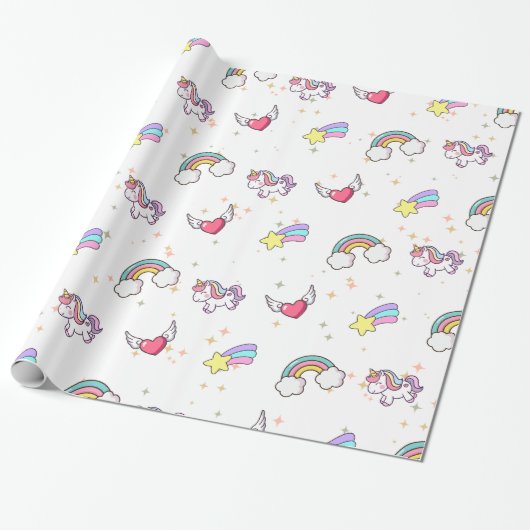 White Cute Rainbow Unicorn Star Magical Cadeaupapier (Uitgerold)