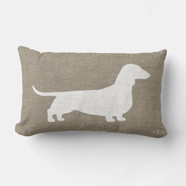 White Dachshund Silhouette Faux Linen Burlap Style Kussen (Voorkant)