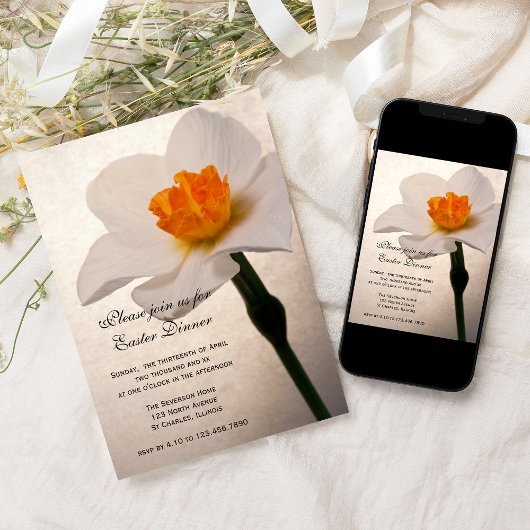 White Daffodil Easter Dinner Invitation Kaart