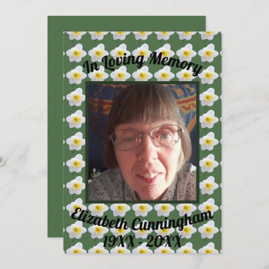 White Daffodil Loving Memory Square Photo Memorial Kaart (Voorkant / Achterkant)