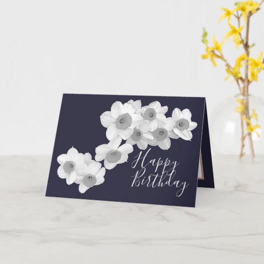 White Daffodils Navy Color Background Birthday Kaart (Gele Bloem)