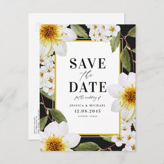 White Dahlia en Spirea Botanical slaan de datum op Aankondigingskaart (Voorkant / Achterkant)