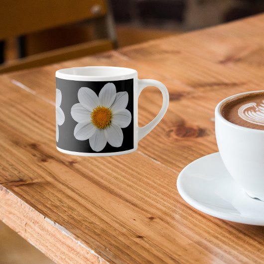 White Dahlia Floral Pattern on Black Espresso Kop