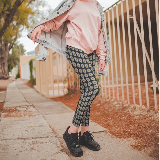 White Dahlia Floral Pattern on Black Leggings