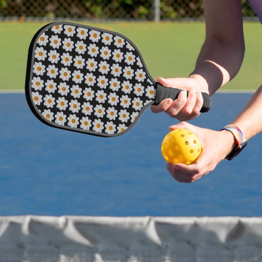 White Dahlia Floral Pattern on Black Pickleball Paddle (Insitu)