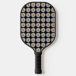 White Dahlia Floral Pattern on Black Pickleball Paddle