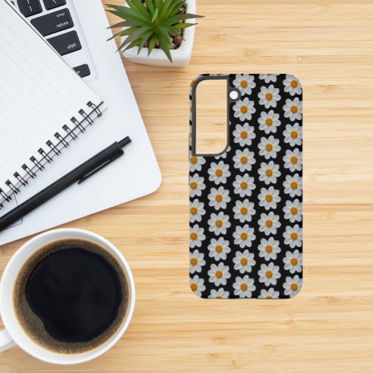 White Dahlia Floral Pattern on Black Samsung Galaxy Hoesje