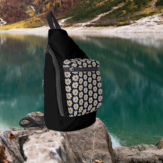White Dahlia Floral Pattern on Black Sling Bag
