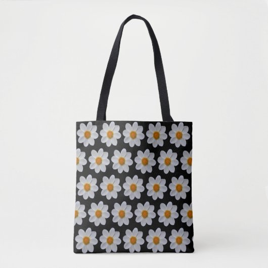 White Dahlia Floral Pattern on Black Tote Bag (Voorkant)