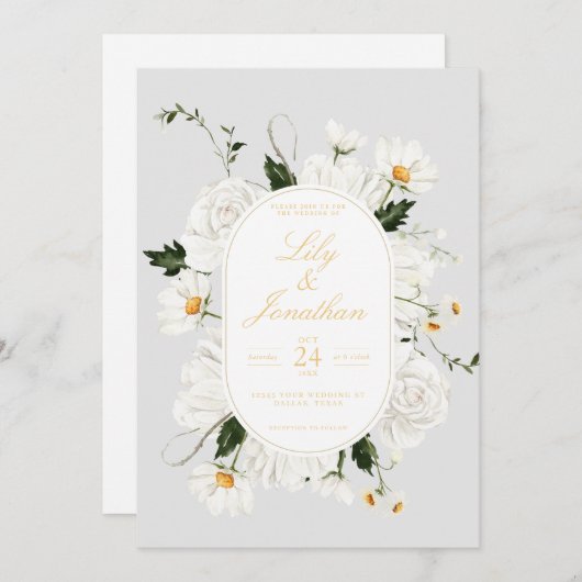 White Daisey en Rozen Wedding Kaart (Voorkant / Achterkant)