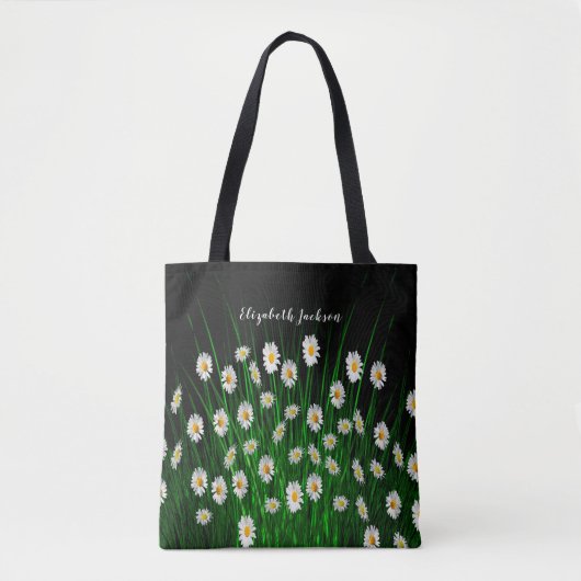 White daisials florals black name script tote bag (Voorkant)